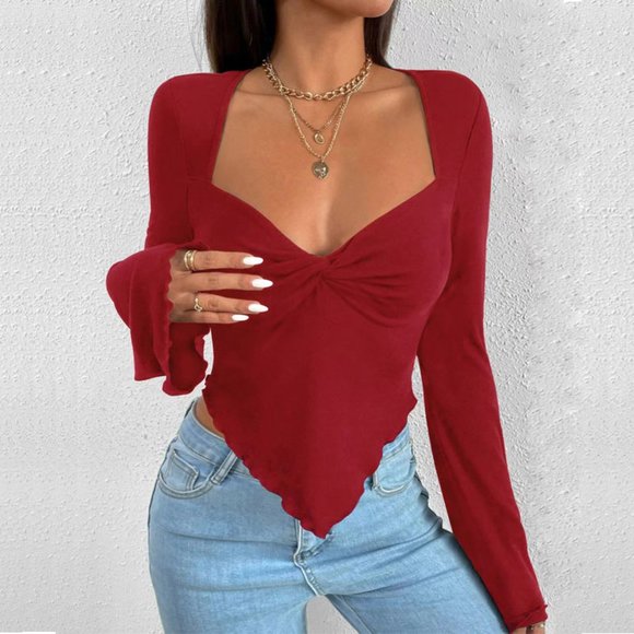 V-neck flared sleeved waistband knitted long sleeved top - Picture 2 of 5